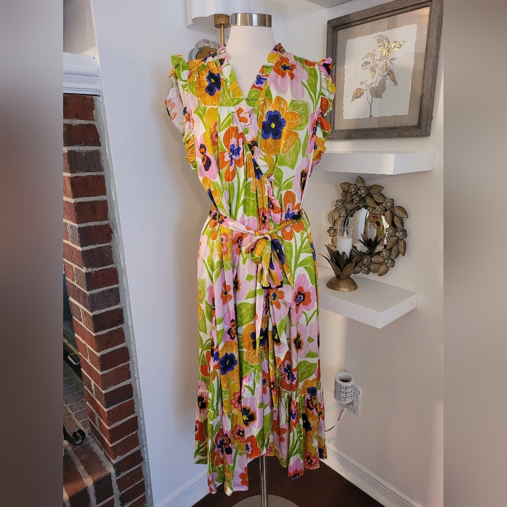 FRNCH Floral Ruffle Sleeve Wrap Dress size Medium